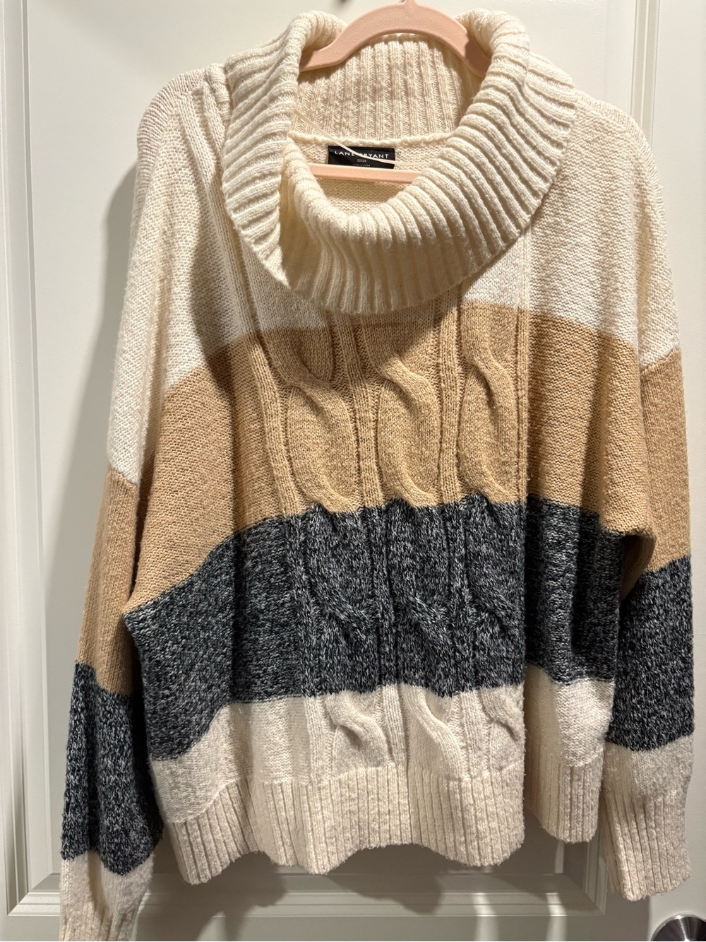 Lane Bryant Striped Cable Knit Cowl Neck Sweater in Ivory, Camel & Charcoal
